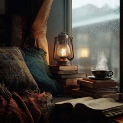 Cozy reading nook, wool blanket, stack of books, tea steam, window rain, ambient table lamp, interior lifestyle, 