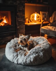 cozy dog bed near fireplace, soft fur textures, warm lamp, lifestyle pet 