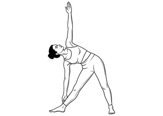 Woman in Triangle Pose, Trikonasana. A standing yoga asana for a deep side bend and hamstring stretch. Minimalist line art vector for fitness and wellness.

