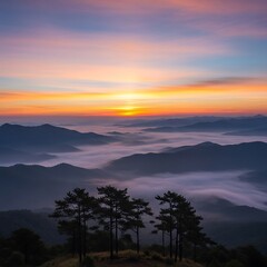 Obraz premium Sunrise Over Mountain Peaks - A Serene Landscape.