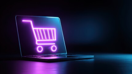 Cyber Monday neon scene, laptop glow, cart icon, blue-magenta lighting, product mockup friendly 