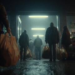 Editorial grocery delivery scene at door in rain, eco packaging, inclusive representation, practical lighting, brand-neutral