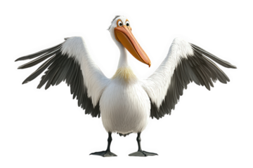 A whimsical cartoon pelican isolated on transparent background, joyfully spreading its wings wide in a playful and expressive pose, full of character and charm