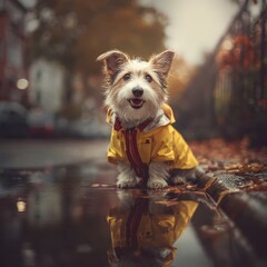 Editorial pet lifestyle: dog in raincoat on autumn sidewalk, puddle reflection, candid joy