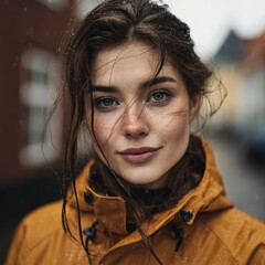 Editorial portrait in raincoat, gentle drizzle, soft hair flyaways, emotive eye contact, natural color grade, November street edge
