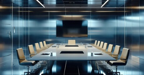 Modern conference room. Long table, sleek chairs, reflective surfaces create futuristic ambiance. Minimalist design, cool tones dominate space.