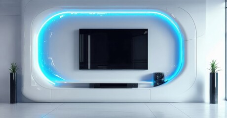 Fototapeta premium Modern living room features wall mounted tv, sleek white furniture, vibrant blue ambient lighting. Minimalist design creates calm atmosphere.