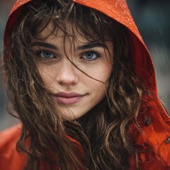 Editorial portrait in raincoat, gentle drizzle, soft hair flyaways, emotive eye contact, natural color grade, November street edge
