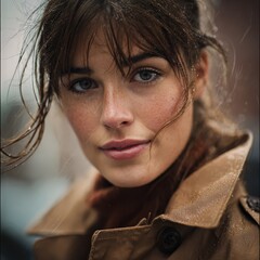 Editorial portrait in raincoat, gentle drizzle, soft hair flyaways, emotive eye contact, natural color grade, November street edge