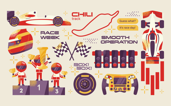 Race car, f1 set, drivers, podium, trophy, checkered flags, racing helmet, steering wheel, tires. Flat vector illustration of motorsport elements. Automobile racing and competition concept