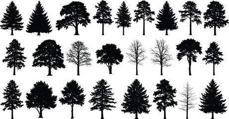 Silhouette collection of various trees including pine, oak, and deciduous species, isolated on white background, detailed forest elements, natural plant vector illustration