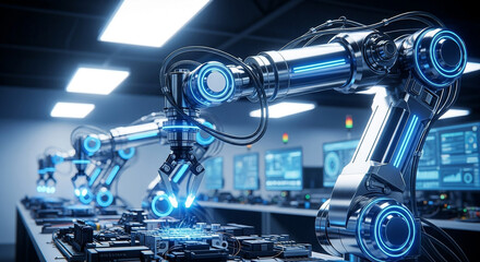 Fototapeta premium Automated robotic arms working on circuit boards in a modern factory with glowing blue lights and computer screens