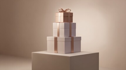 gift tower on neutral pedestal, soft gradient backdrop, hero lighting, copy zone 