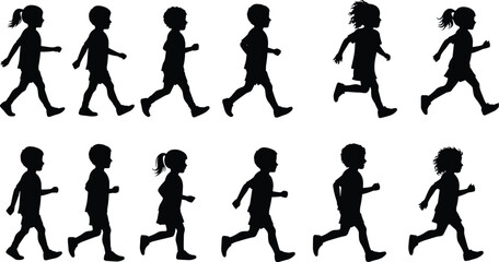 Silhouette illustration of children running, active kids in motion, playful childhood activity design for sports, fitness, outdoor, health, lifestyle, and education projects