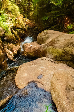 Summer landscape view with the famous Hochfall waterfalls near Bodenmais, Regen, Bavarian Forest, Bavaria, Germany