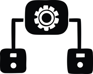 Abstract digital network diagram showing a central processing unit connected to two nodes representing data flow and system operation concept