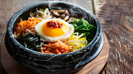 Bibimbap: Korean Traditional Mixed Rice Dish with Steamed Rice, Marinated Beef, Colorful Veggies (Spinach, Bean Sprouts, Carrots), Fried Egg, Gochujang & Sesame Oil—Stir-to-Mix for Savory-Spicy Comfor