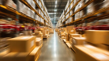holiday shipping boxes blur, warehouse aisle, motion, e-commerce logistics story 