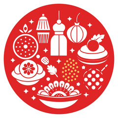 Festive red circle featuring traditional chinese new year food and decorations in a flat design style