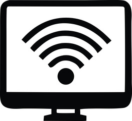 Computer monitor displaying wi-fi signal icon for wireless network connectivity and internet access technology