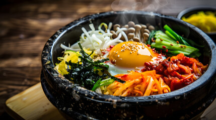 Bibimbap: Korean Traditional Mixed Rice Dish with Steamed Rice, Marinated Beef, Colorful Veggies (Spinach, Bean Sprouts, Carrots), Fried Egg, Gochujang & Sesame Oil—Stir-to-Mix for Savory-Spicy Comfor