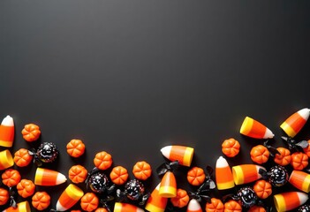 Halloween candy assortment with wrapped sweets, treats and small pumpkins on a black background with generous copy space, ideal for holiday advertising, party invitations, seasonal promos, branding. 