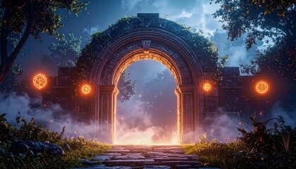 Fototapeta premium Glowing mystical portal surrounded by ancient ruins and eerie forest, symbolizing magical Halloween realm and mysterious passage between worlds.