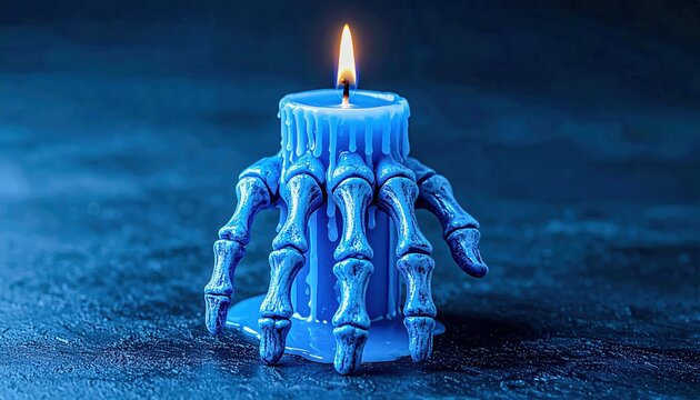 Blue candle shaped like skeleton hand glowing in darkness, combining eerie artistry and Halloween symbolism in haunting composition.
