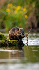 River rodent eating a twig