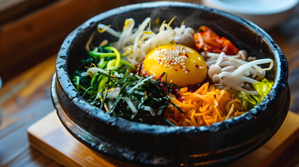 Bibimbap: Korean Traditional Mixed Rice Dish with Steamed Rice, Marinated Beef, Colorful Veggies (Spinach, Bean Sprouts, Carrots), Fried Egg, Gochujang & Sesame Oil—Stir-to-Mix for Savory-Spicy Comfor