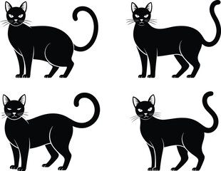 Silhouette of black cats standing in elegant poses isolated on white background, domestic pet feline artwork illustration, Halloween decoration animal vector graphic design