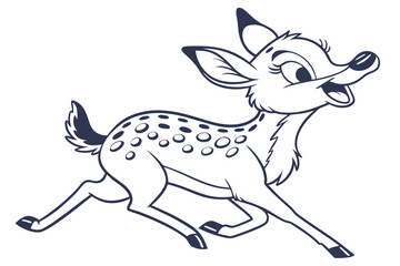 Cartoon Fawn Running with Spots, Happy Expression on White Background