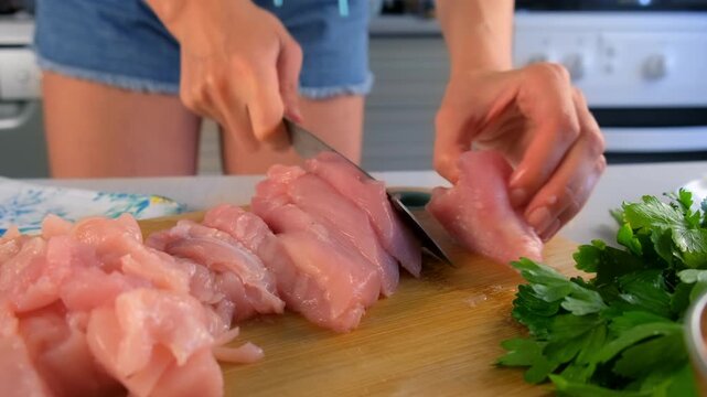 Chef woman hands cutting chicken breast into pieces on wooden board on kitchen. Culinary skills techniques, homemade preparing healthy meal, cook domestic food dish cuisine, fresh ingredients.