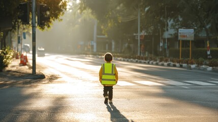 Road Safety Week, child in reflective vest crossing street, sunny morning, clear signage