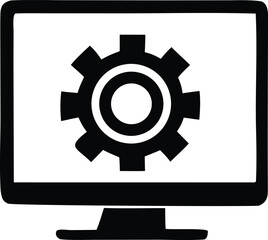 Computer monitor displaying cogwheel gear symbol for technical settings system configuration and engineering concepts