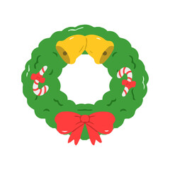 Christmas Wreath Illustration with Bells, Candy Canes, and Red Bow
