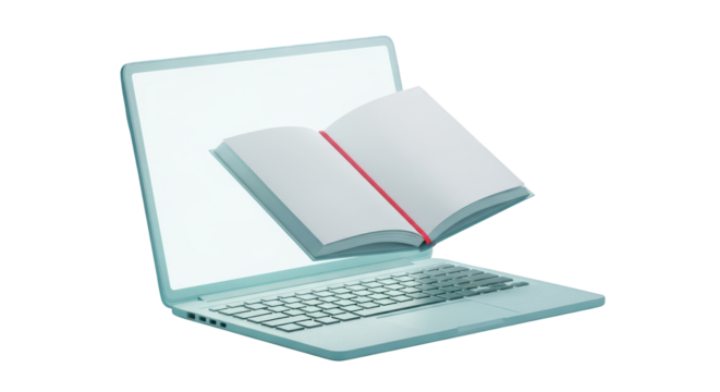 Open book emerging from laptop screen isolated on a transparent background computer
