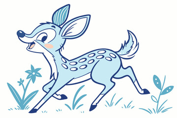 Cartoon Fawn Running, Blue on White Background with Flowers