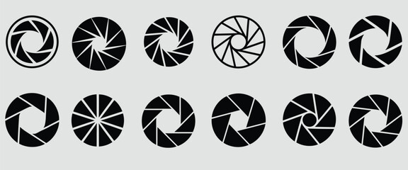 Vector icon set of camera lens apertures and shutter blades. A diverse collection of circular diaphragm graphics for photography, video, and design concepts