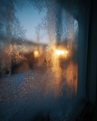 morning frost on window macro, warm interior blur, poetic minimal 