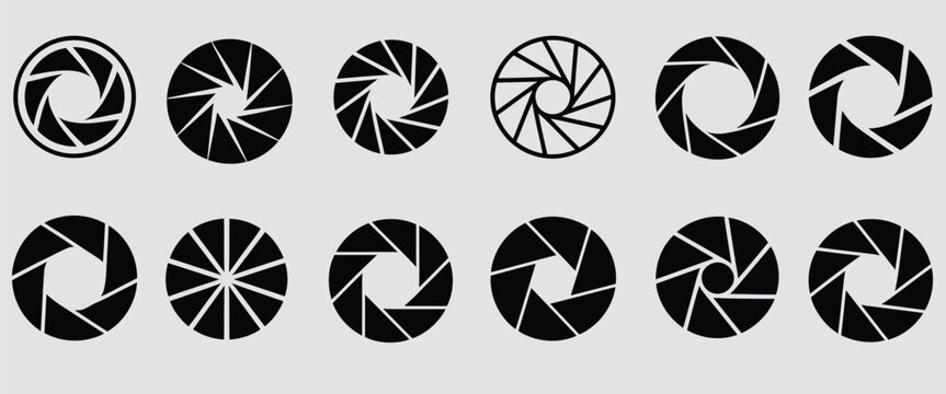 Vector icon set of camera lens apertures and shutter blades. A diverse collection of circular diaphragm graphics for photography, video, and design concepts