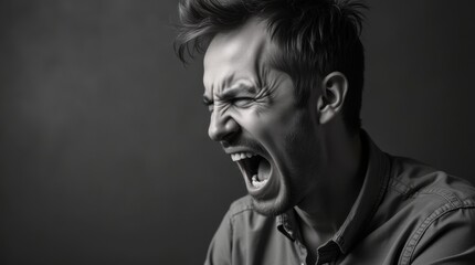 Black and white portrait of an angry man shouting, intense expression showing anger and irritation, side profile