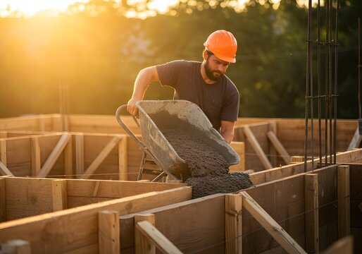 Dedicated construction worker pouring concrete foundation at golden hour sunset, embodying hard work and building dreams for future homes and families