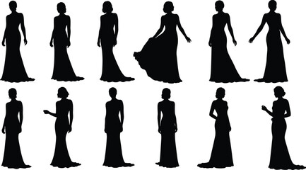 Silhouette set of elegant women in evening gowns, stylish female models in fashion poses, glamorous long dresses, isolated black vector illustration collection