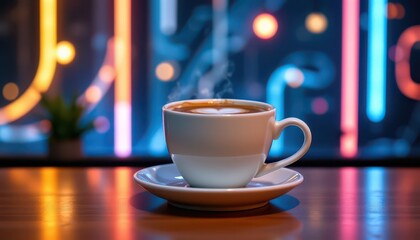 Obraz premium White Ceramic Coffee Cup with Colorful Neon Background