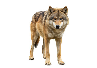 Isolated Wolf with fur standing, Canis lupus, gray with tan, brown fur looking at the camera