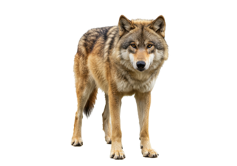 Isolated Wolf with fur standing, Canis lupus, gray with tan, brown fur looking at the camera