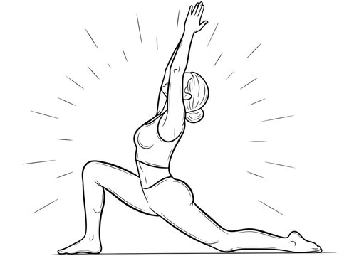 Woman in Low Lunge pose, Anjaneyasana. A yoga hip flexor stretch and heart opener, part of Sun Salutation. Line art illustration for fitness and wellness.

