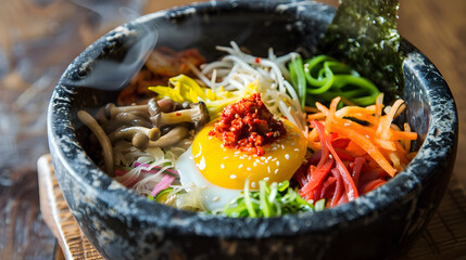Bibimbap: Korean Traditional Mixed Rice Dish with Steamed Rice, Marinated Beef, Colorful Veggies (Spinach, Bean Sprouts, Carrots), Fried Egg, Gochujang & Sesame Oil—Stir-to-Mix for Savory-Spicy Comfor