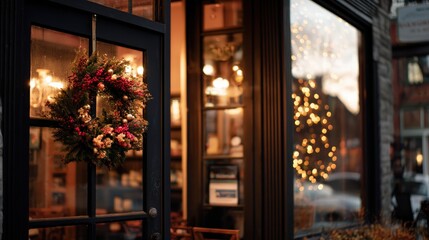 shop small Saturday storefront, warm signage in scene, cozy door wreath, tasteful